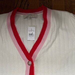 LOFT Women's White Cardigan with Pink and Red Trim